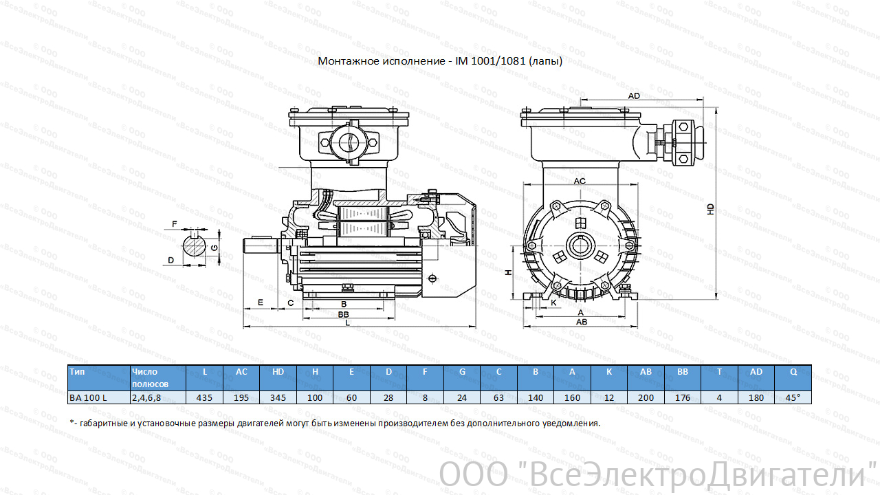 Электродвигатель ЭЛМАШ ВА 100 L4 IM1081 1ExdIIBT4 У2 (4 кВт 1500 об/мин)2002282